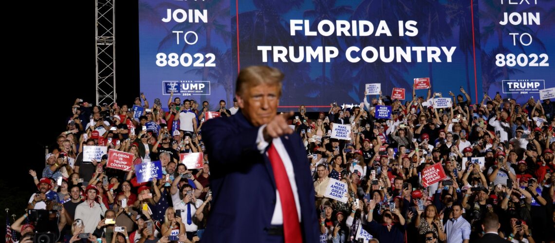 Donald Trump stands on stage during a campaign rally in Hialeah, Florida. He has won the disaster-prone state three times.