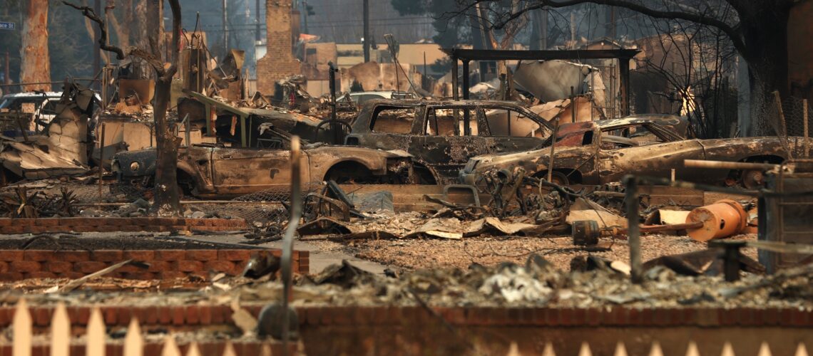 The wreckage of a burned home in the aftermath of the Eaton Fire, which destroyed more than 7,000 structures in the Altadena area of Los Angeles, California.